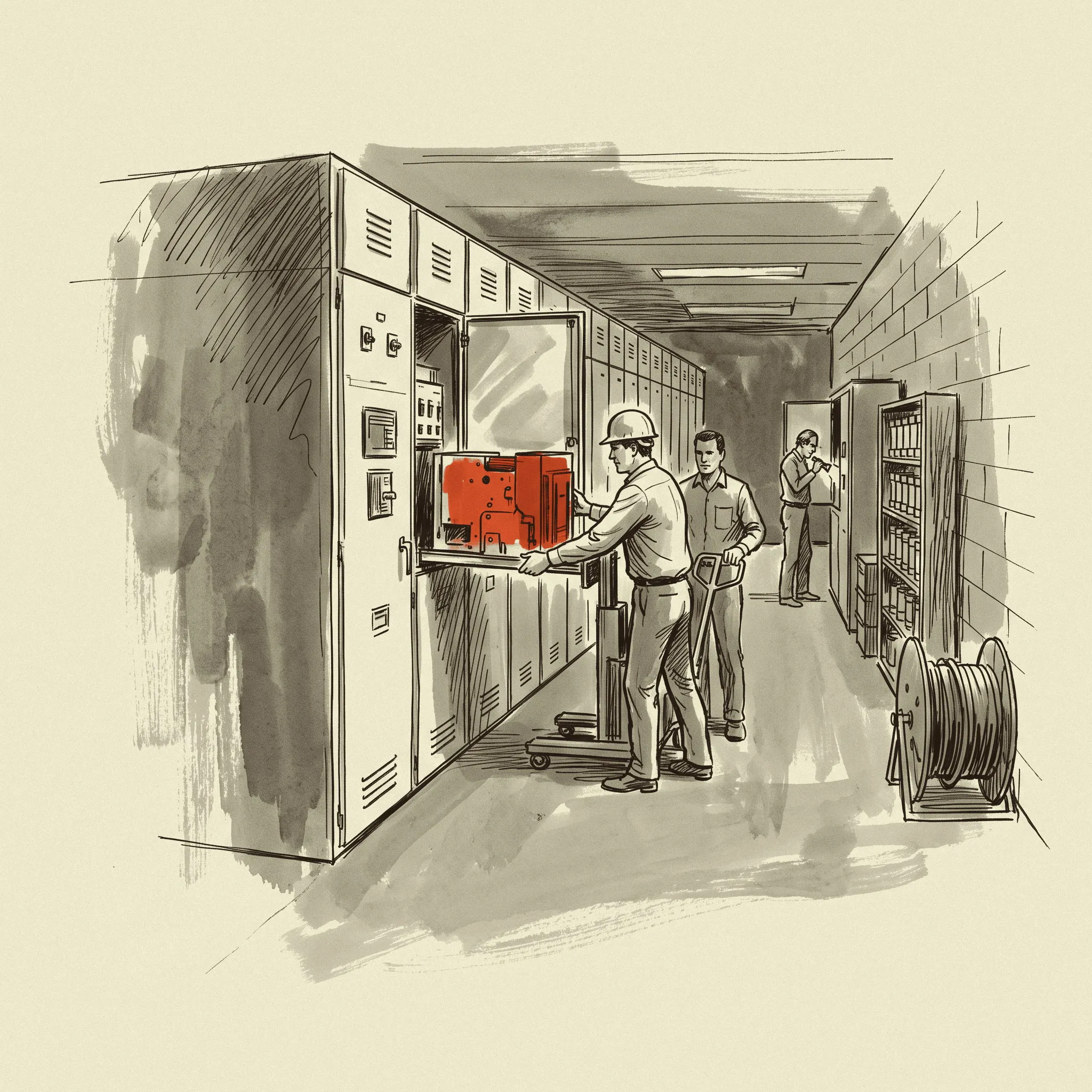 A drawout breaker being racked into a metal-clad switchgear lineup, the product the reports describe without a price.
