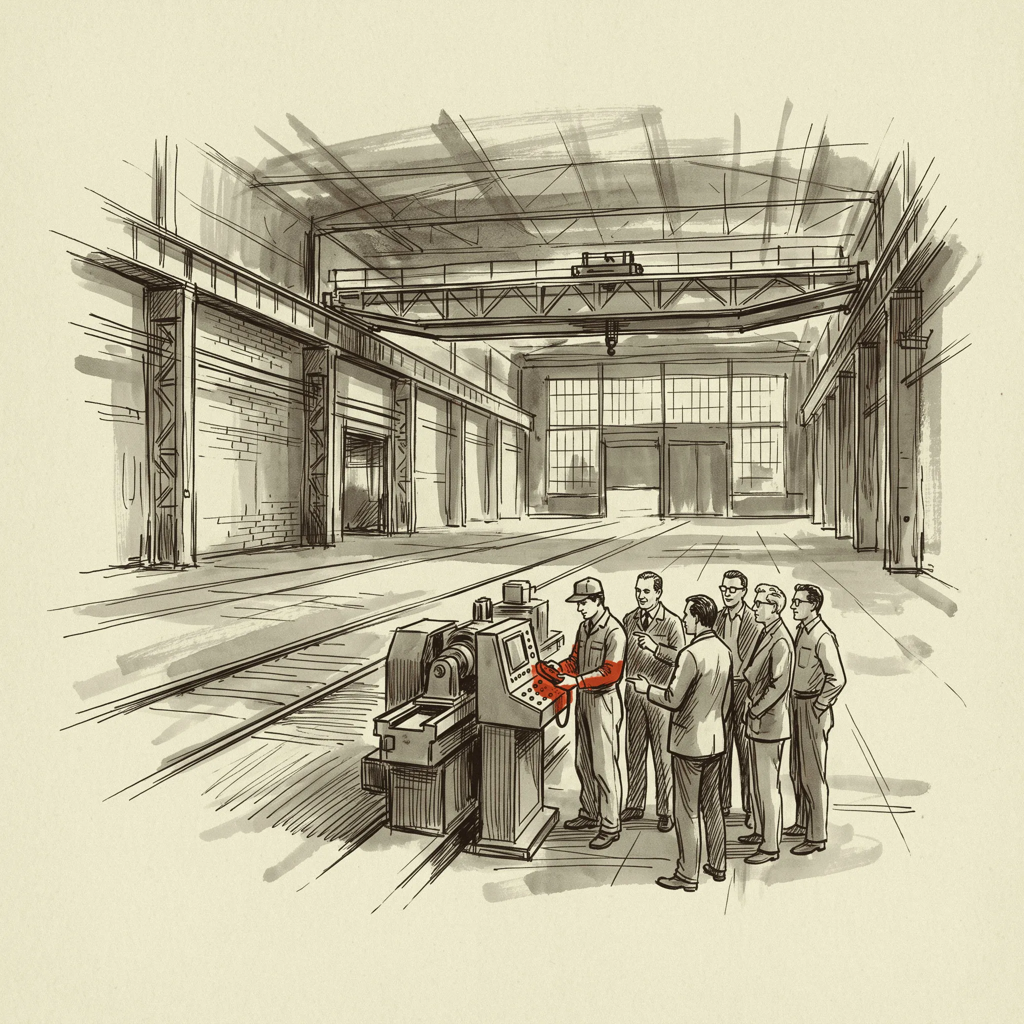 New technicians around one machining cell on the floor of a former railcar plant, the first of the cells that will fill it.