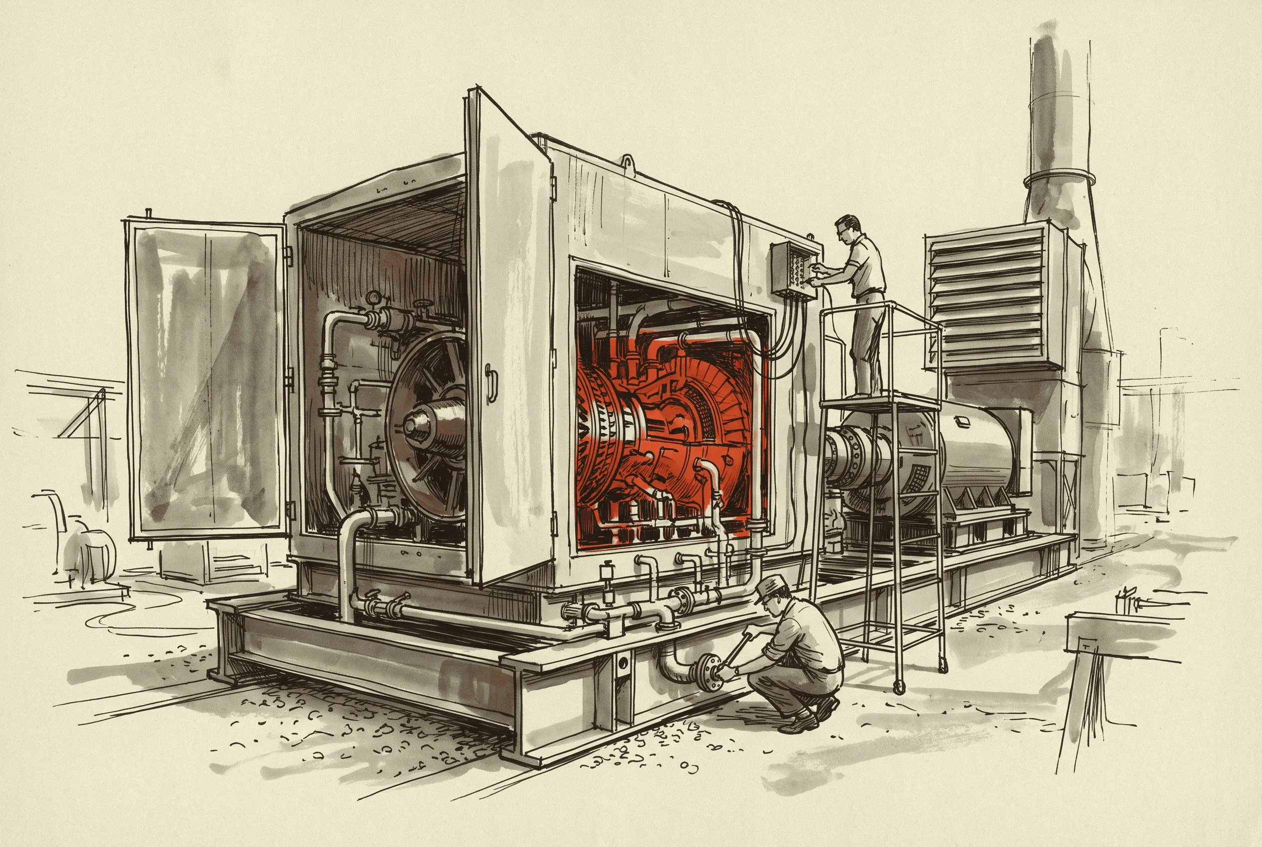 A rebuilt aeroderivative package on a test stand before shipment, the machine behind the secondary market this model prices at a third of new.