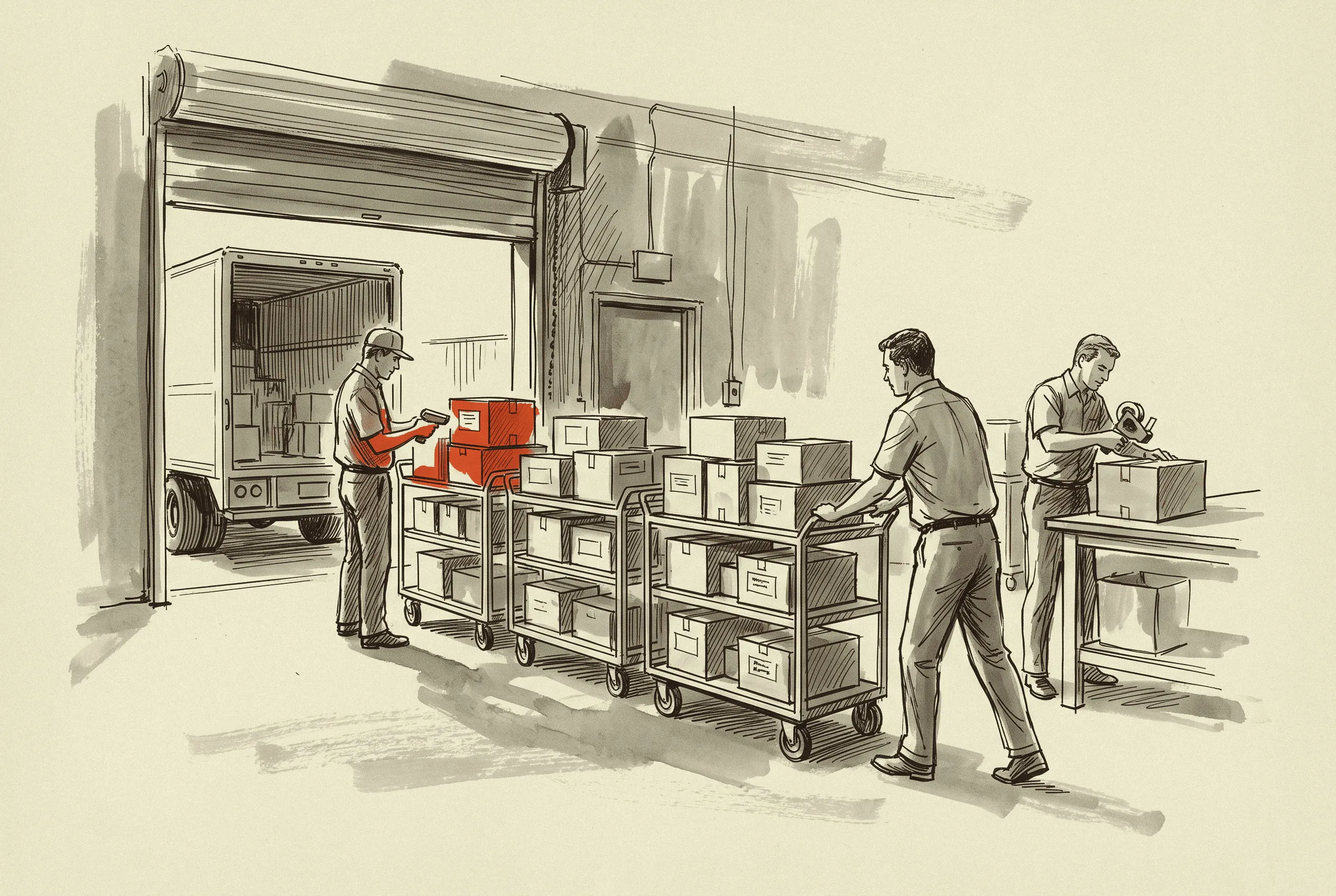 Finished orders boxed and labelled on carts at a carrier dock, a driver scanning the first box while a shipping technician wheels the next cart out.