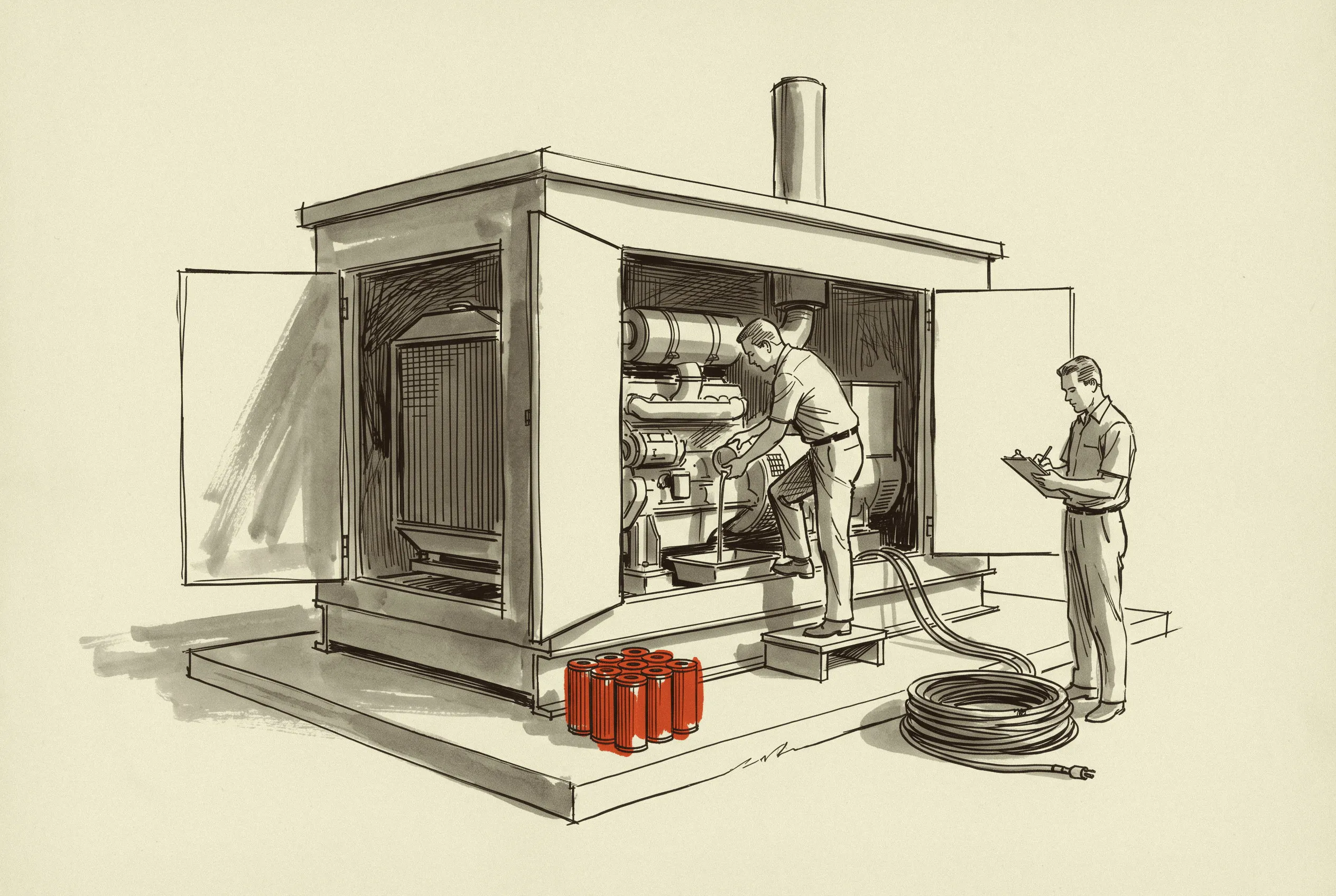 Quarterly service on an enclosed standby generator with replacement filters staged on the pad.