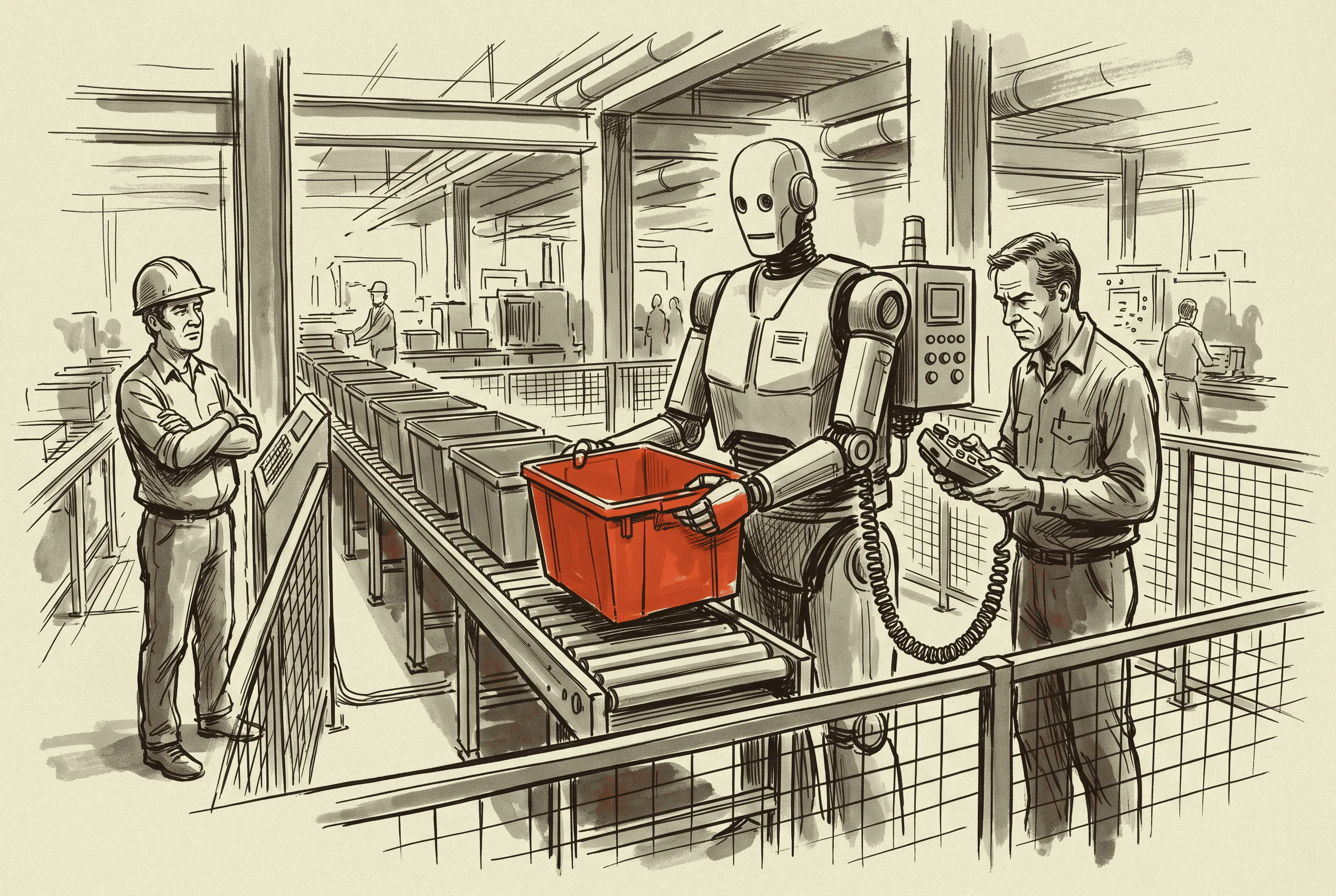 A stopped humanoid at a conveyor station with totes backing up behind it, the intervention a pilot report should count.