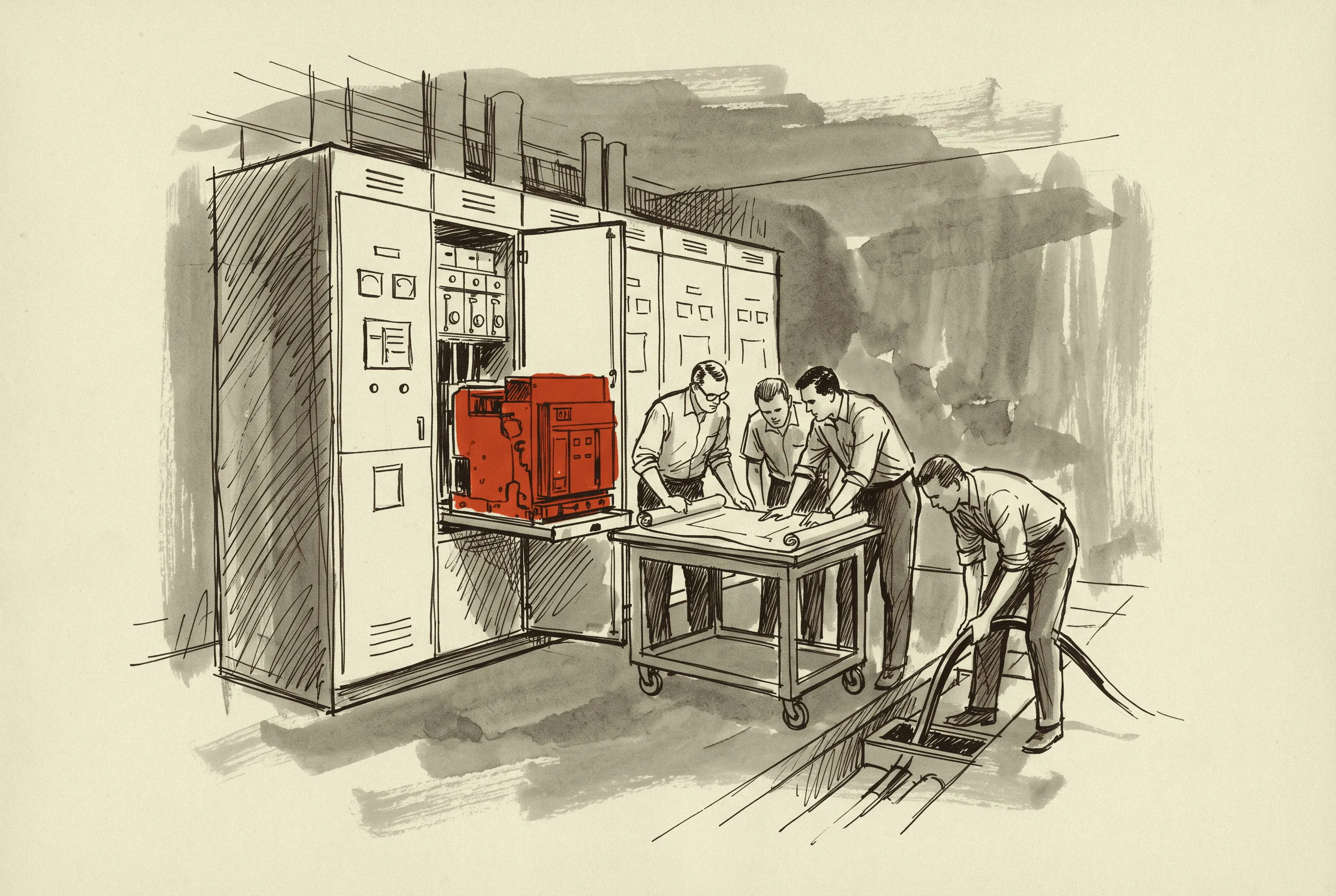 A medium voltage switchgear lineup with one breaker racked out while the one line is checked against the field.