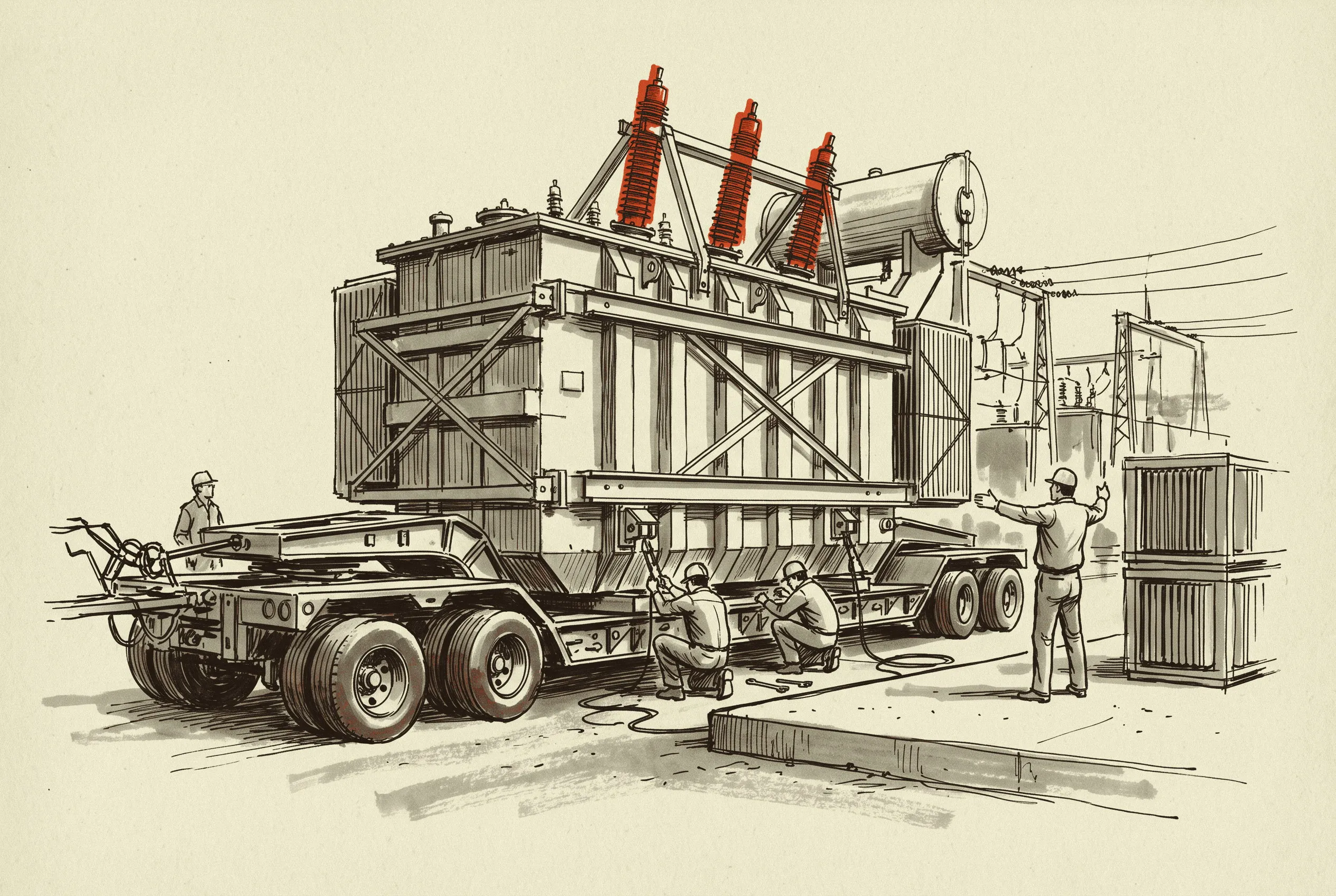 A power transformer arriving on its trailer, the piece of plant that sets the energization year.