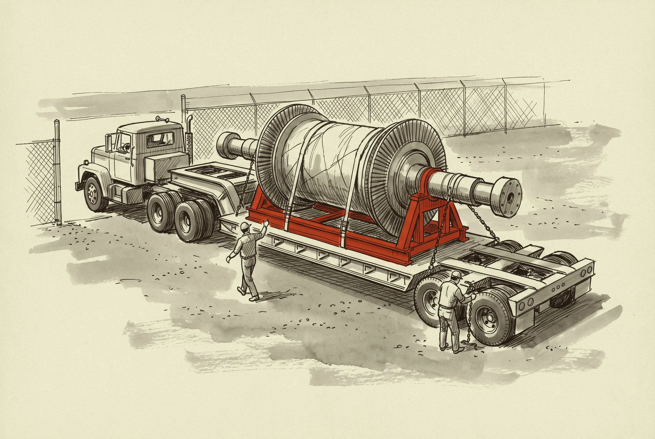 A large-frame rotor moving out of the works on a heavy-haul trailer, three years after the deposit was wired.