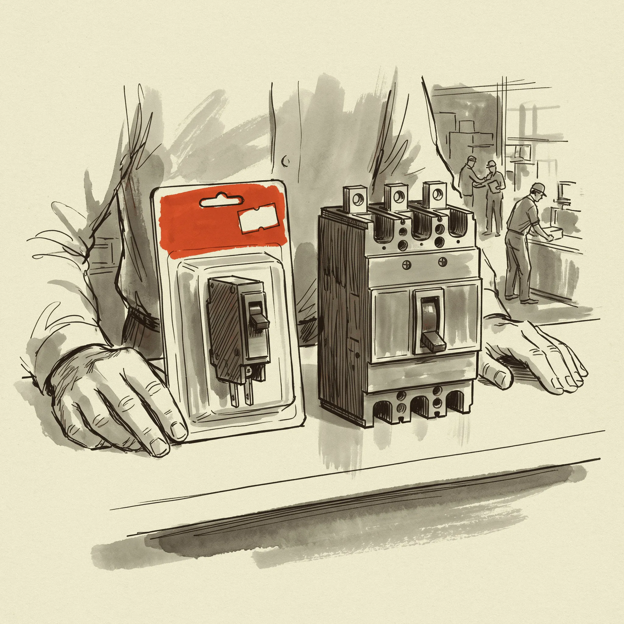 A packaged residential breaker beside an industrial molded case breaker, only one of them carrying a sticker.