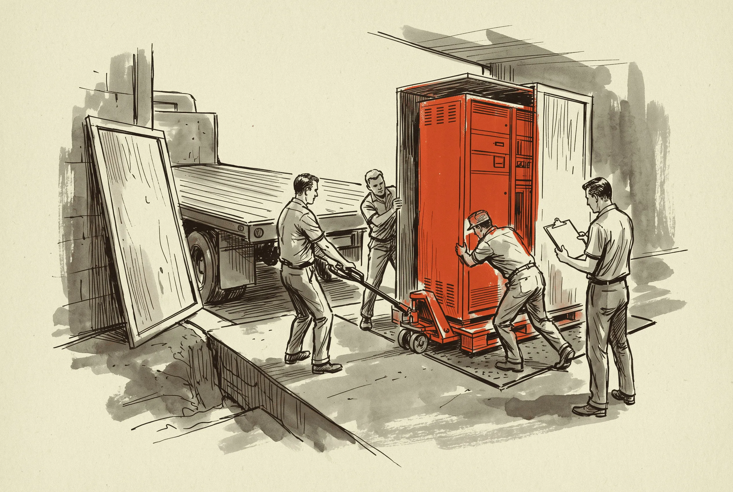 A modular uninterruptible power supply cabinet taken off a flatbed at the dock and checked in against the delivery.