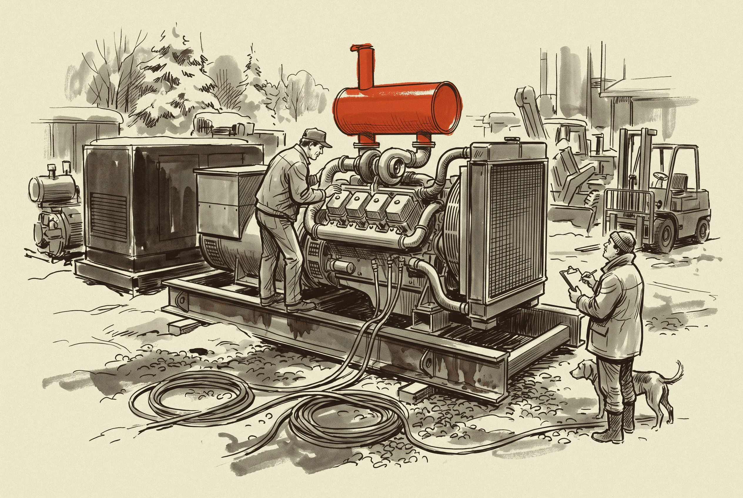 A used open-skid two megawatt set in a dealer's yard, sold as emergency-duty iron with no aftertreatment fitted.