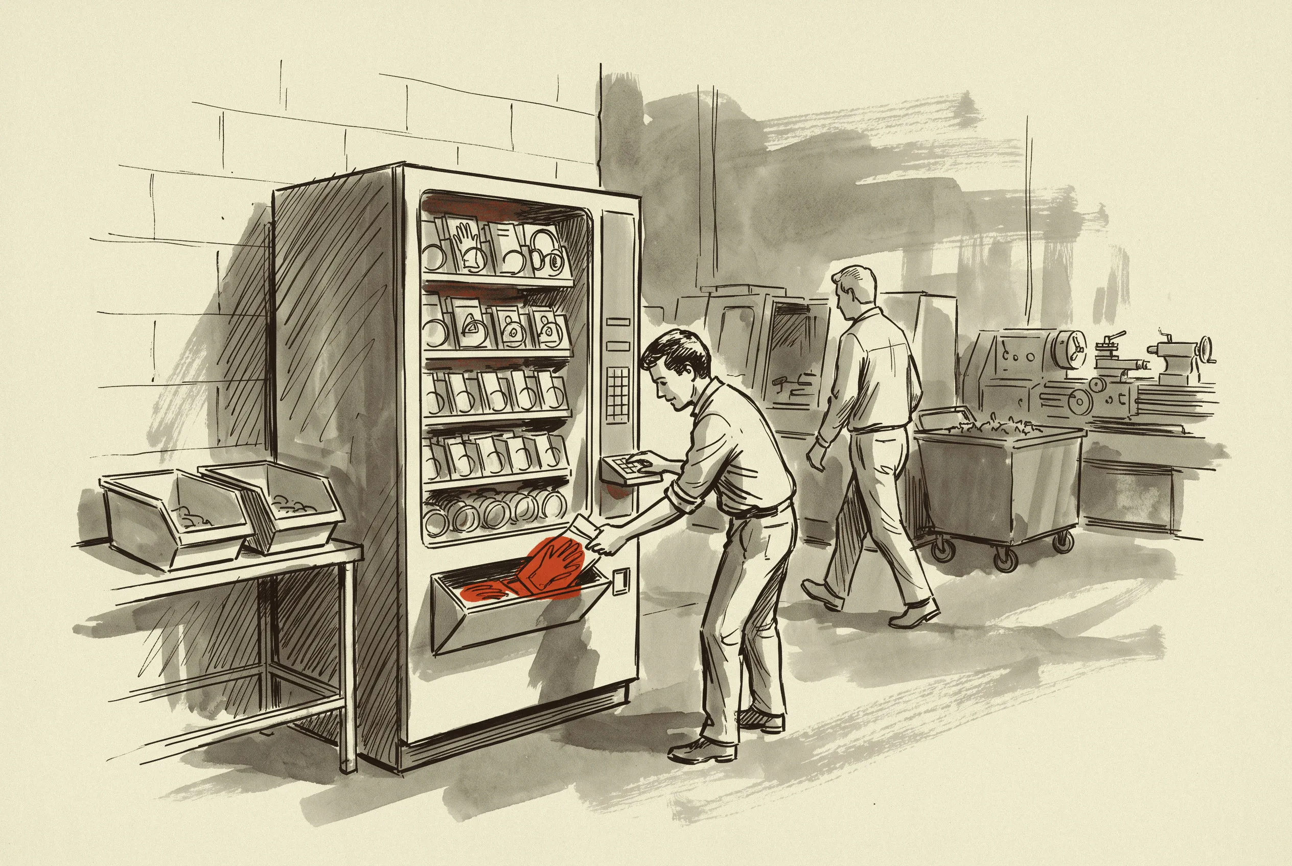A vending cabinet inside the customer's building dispenses at prices fixed when the contract was signed.