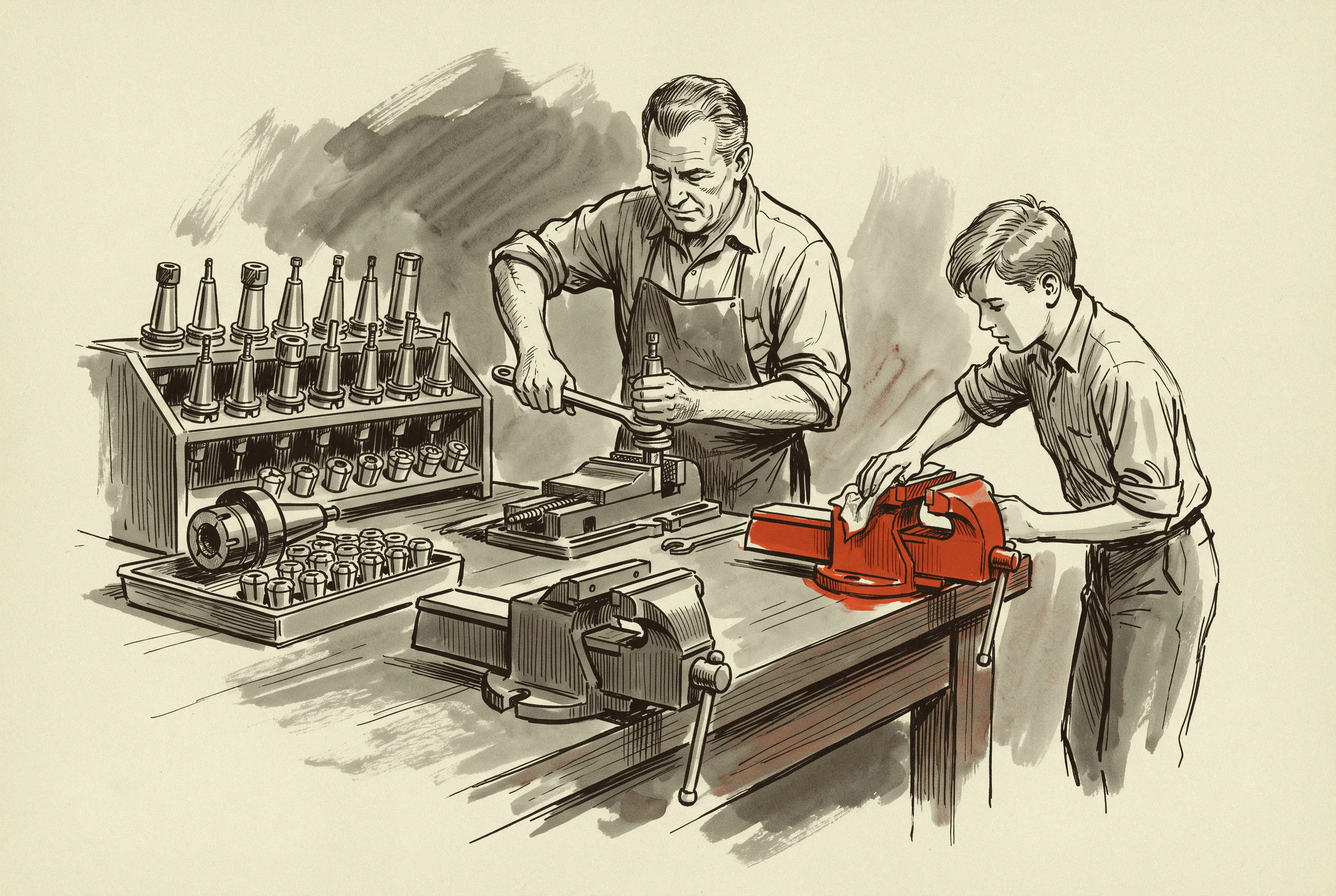 Two vises, a collet chuck and twenty holders, the startup tooling bill a buyer pays before cutting the first part.