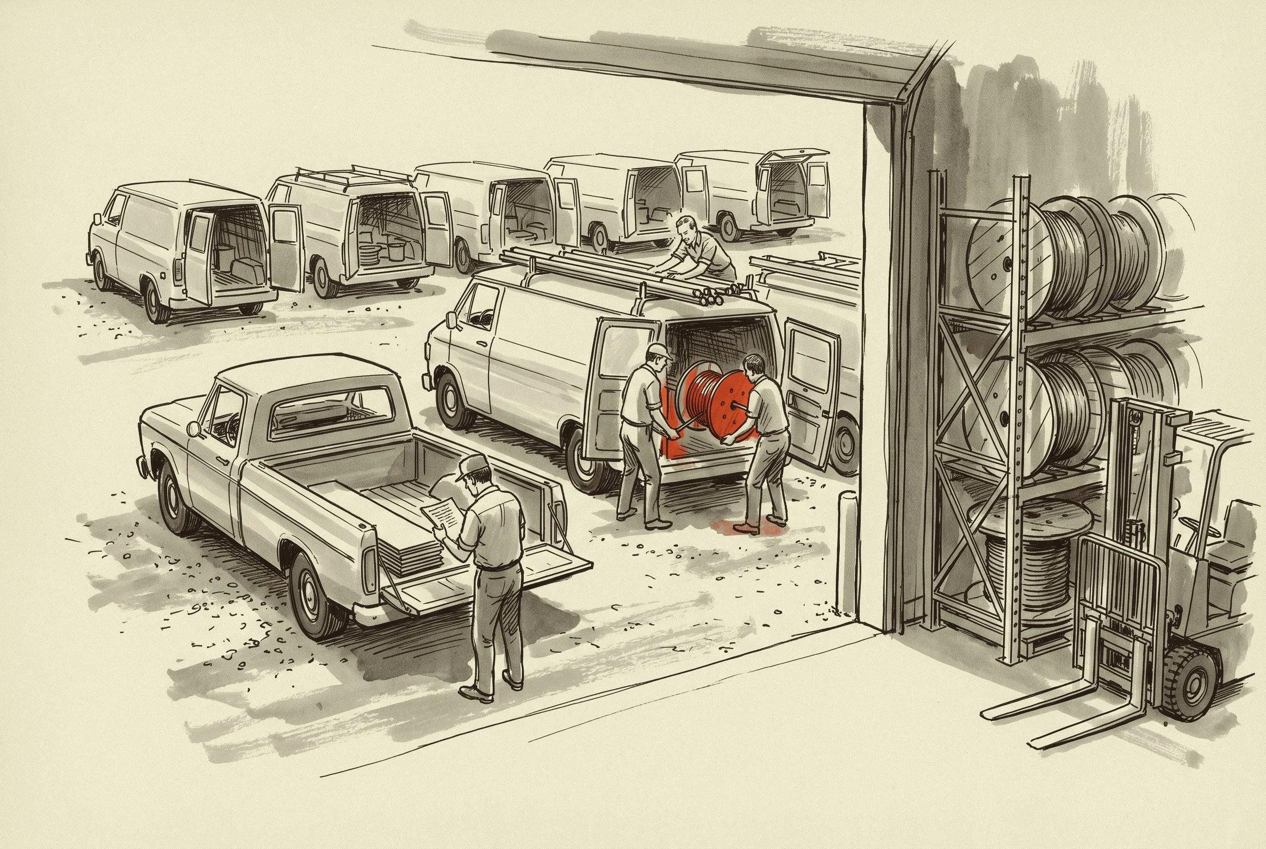 An electrical contractor's crews loading out at the shop before the drive to the job.