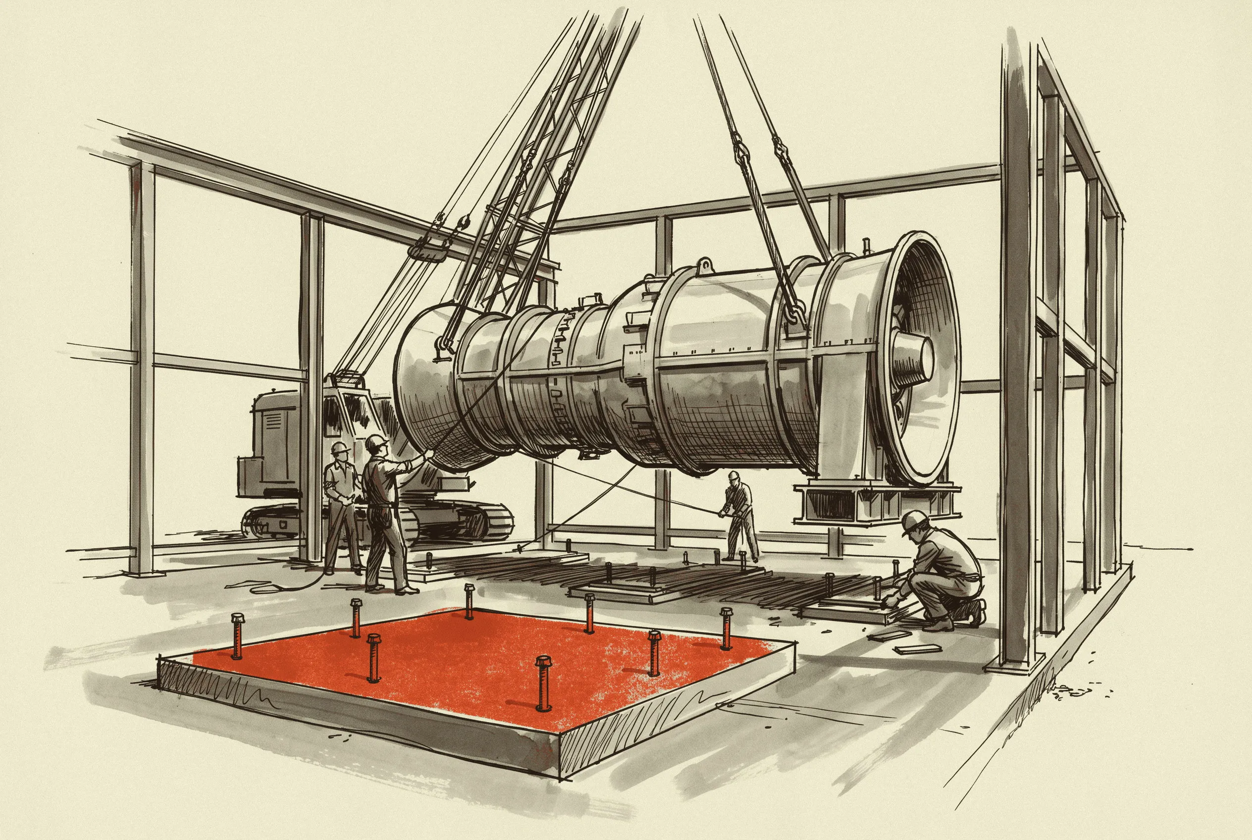 A frame turbine set on its foundation while the transformer pad beside it stands empty.